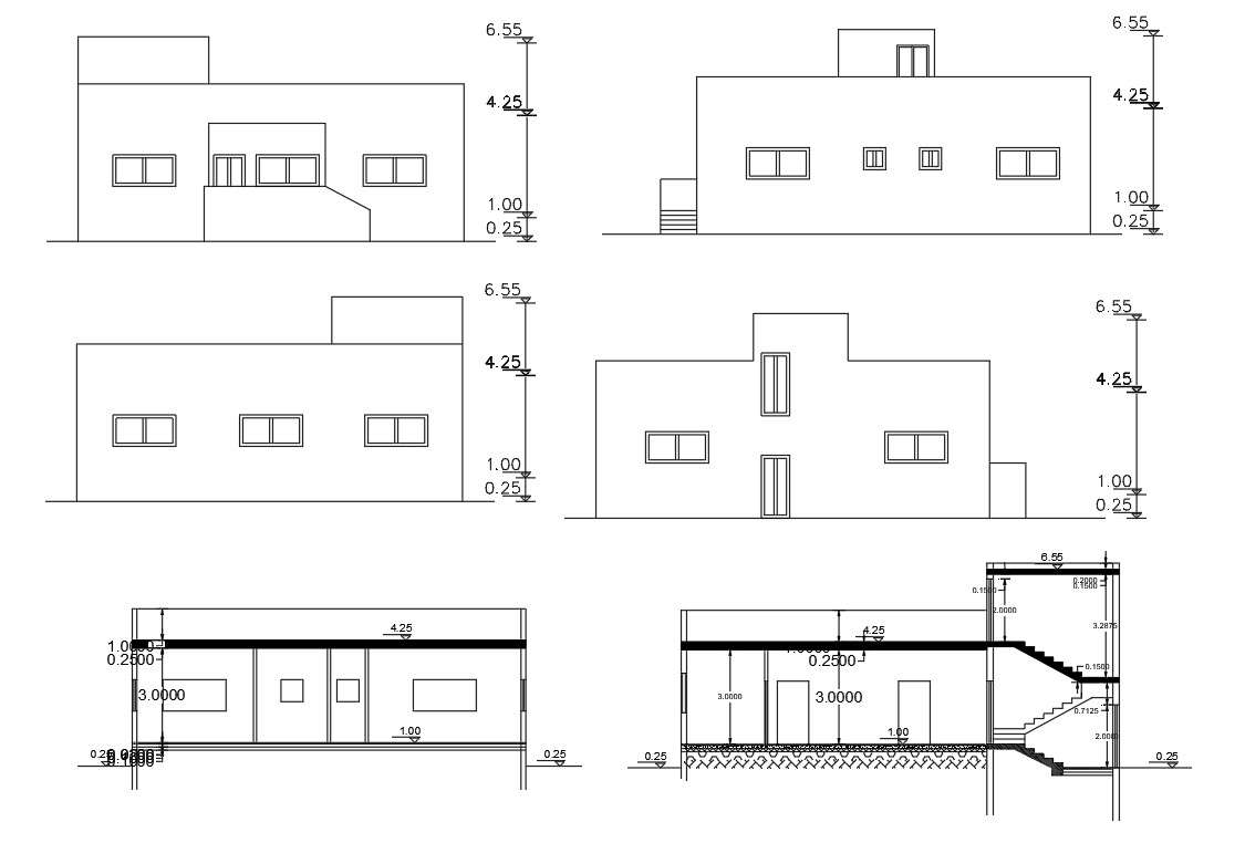 House Four Side Elevations And Section Design AutoCAD Drawing - Cadbull