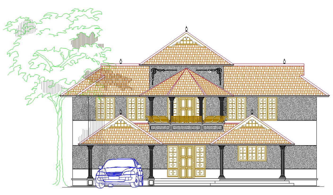  House  Front Elevation CAD Drawing Cadbull