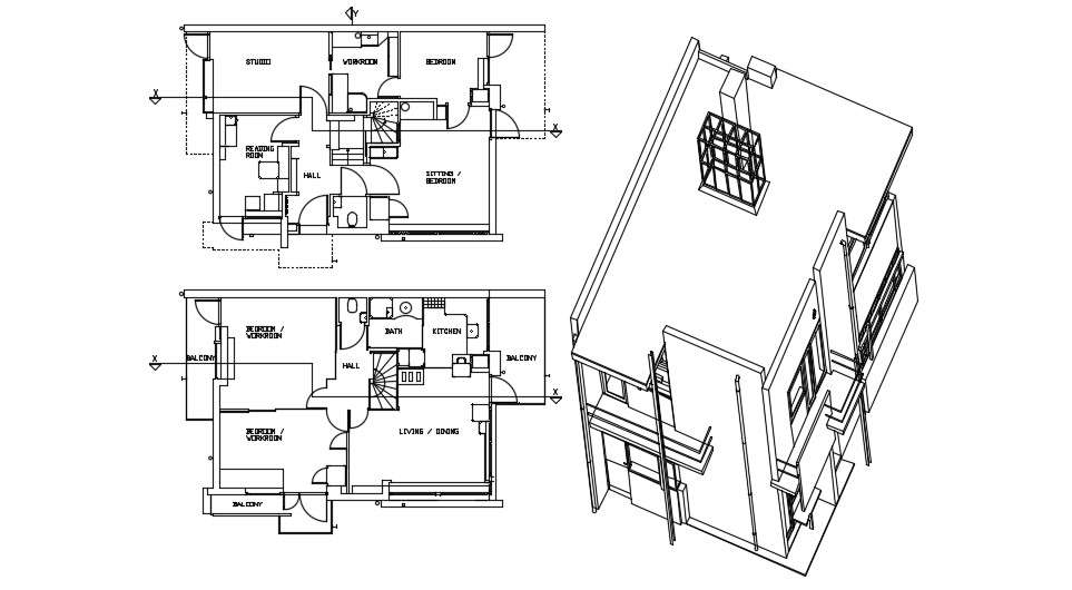 house-plan-drawing-with-isometric-view-cad-file-free-cadbull