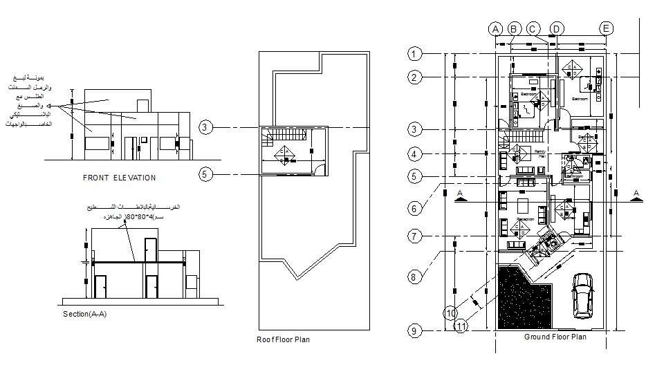  House  elevation  section  roof plan  and ground floor plan  