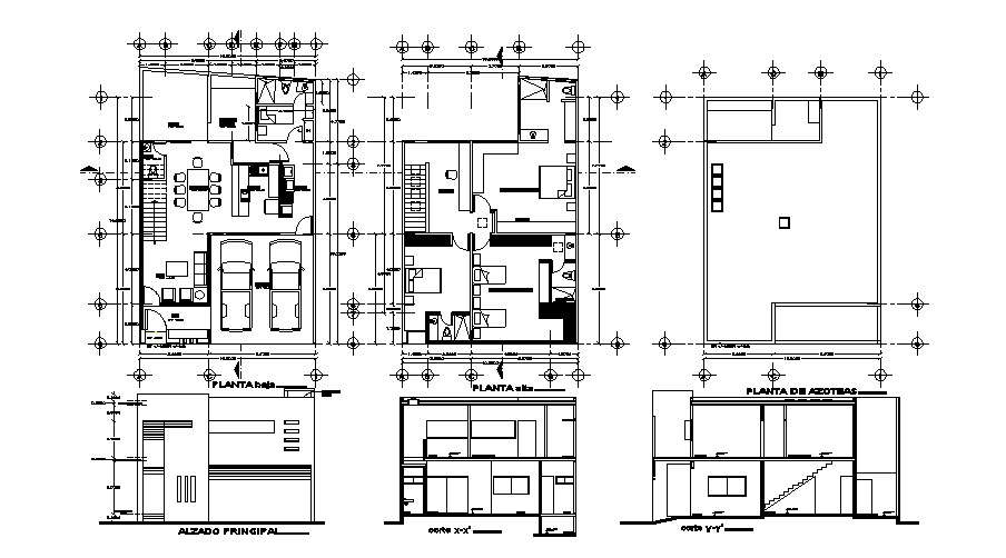 House plan 10mtr x 14mtr with elevation and section in dwg file - Cadbull