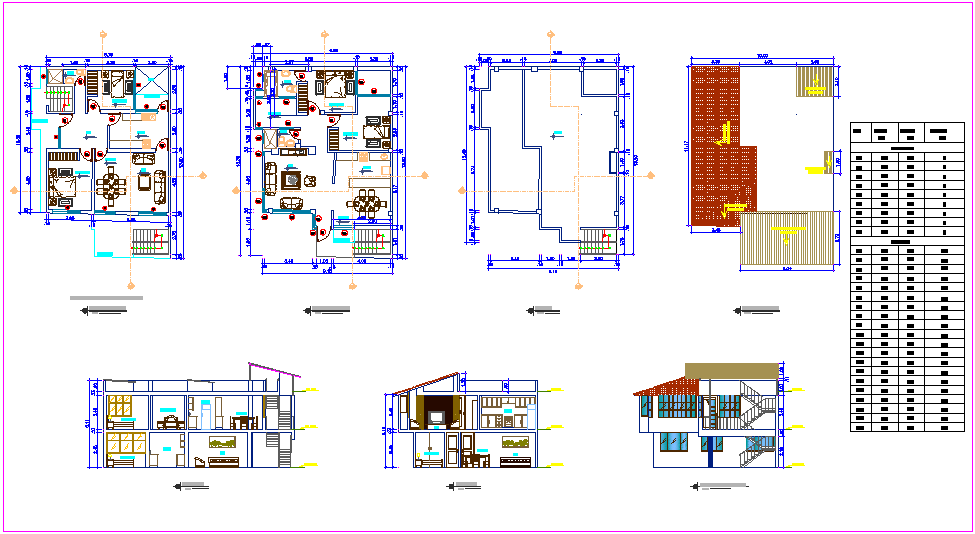 House plan design view with elevation and sectional view with door and