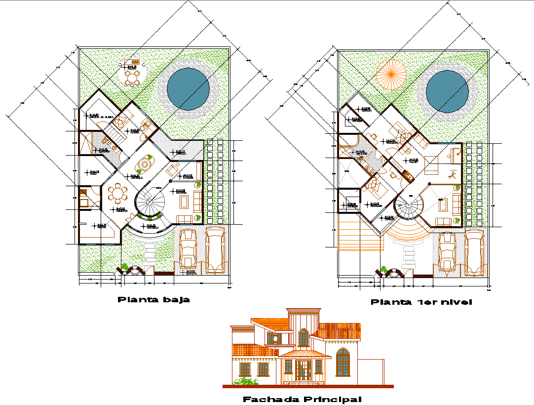 House plan with landscaping design - Cadbull