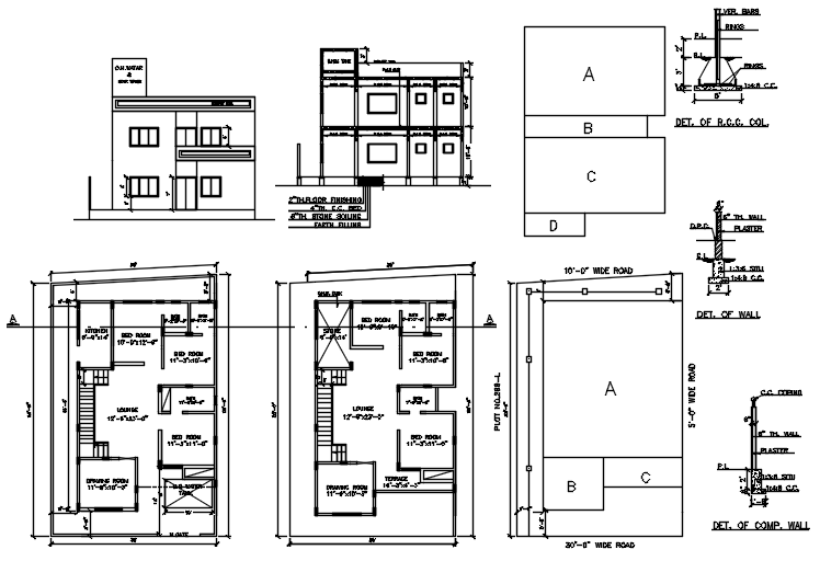 House On Hill Elevation Section And Floor Plan Layout