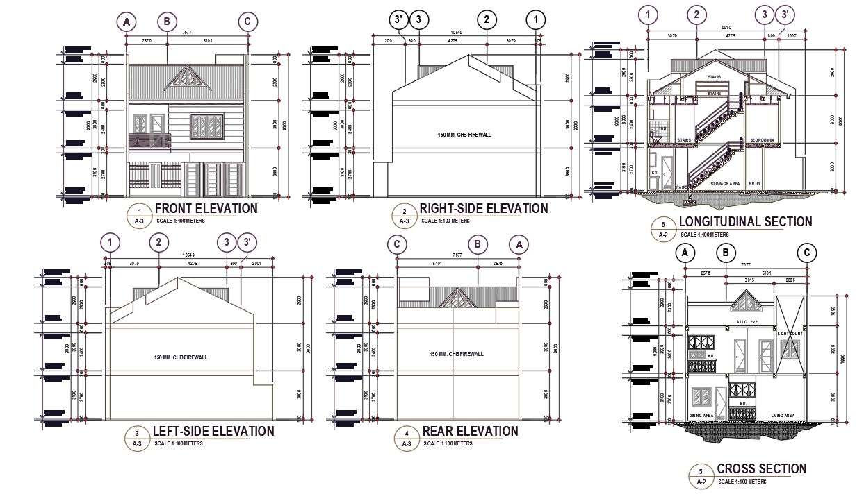 House Longitudinal Section And Elevation Design - Cadbull