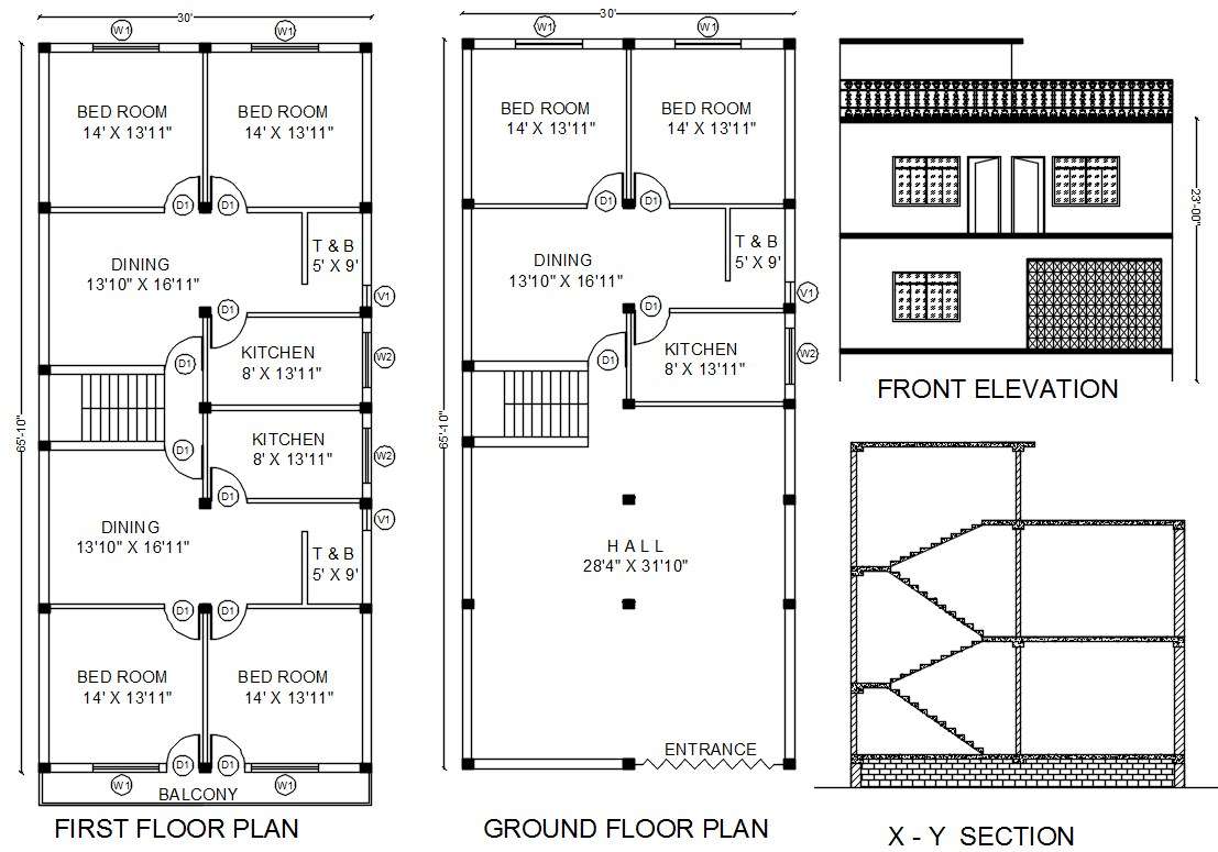 House Plan And Section Elevation Drawings DWG File Cadbull