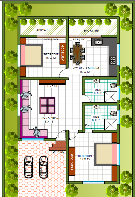 House Plan With Backyard Design DWG Cad File. - Cadbull