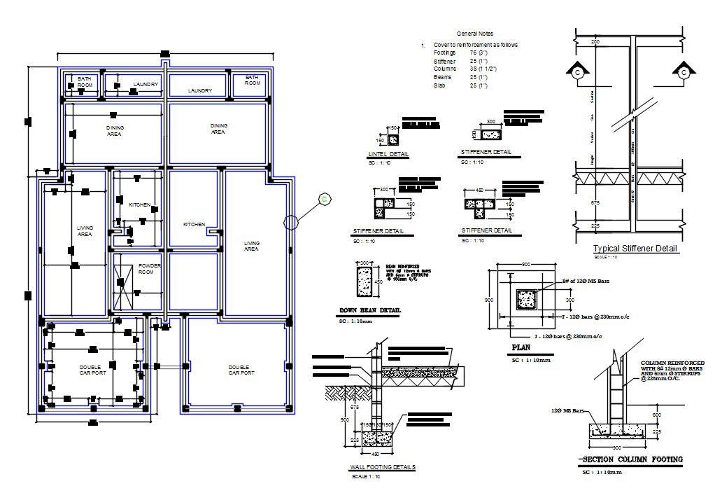 House Working Plan Plan And Column Footing Foundating Foundation Dwg File Cadbull