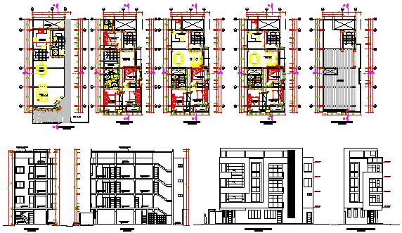 Housing building 4 levels design drawing - Cadbull