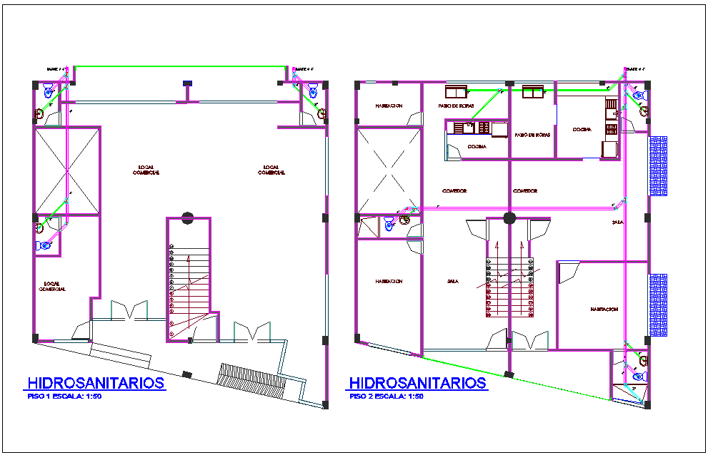 Hydro Line For Sanitary View Of First And Second Floor Plan Of Housing With Office Area Dwg File