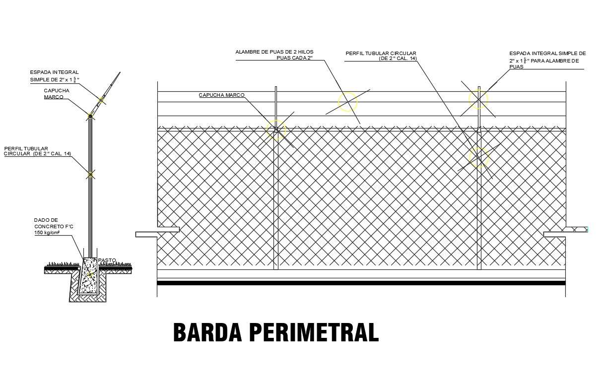 Iron perimeter fence section and construction details dwg file - Cadbull