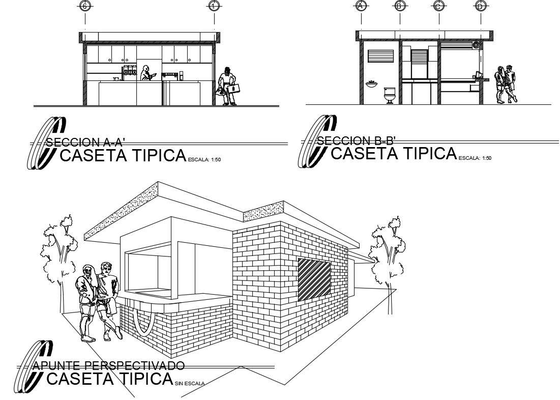 Isometric elevation and front and back section details of canteen of ...