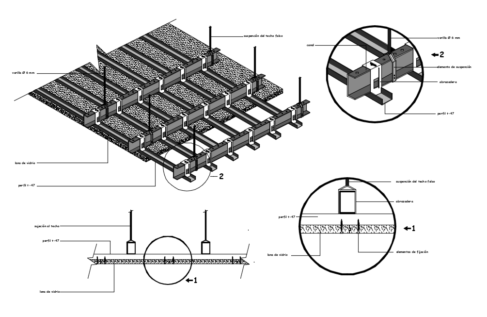 Isometric View Of Suspended Ceiling With Channel And Structural Detail