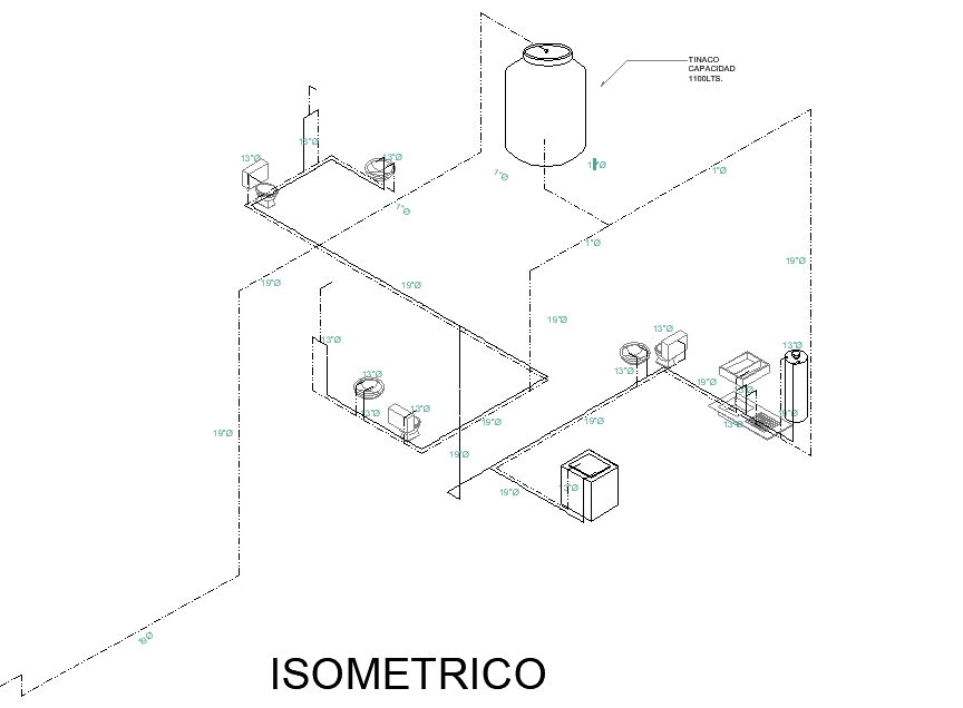 piping isometric plan and elevation drawing for bathroom