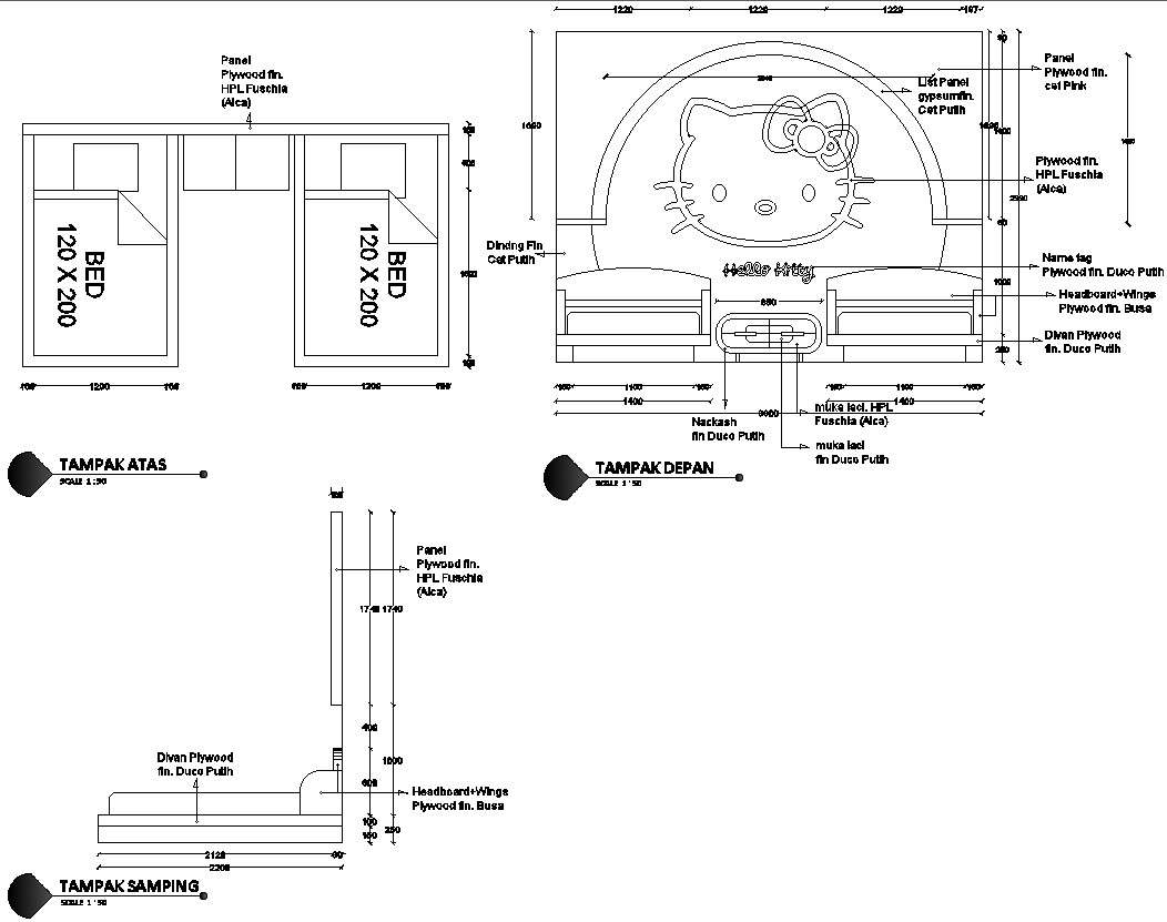 Kids bedroom Bed design details in AutoCAD, dwg file. Cadbull