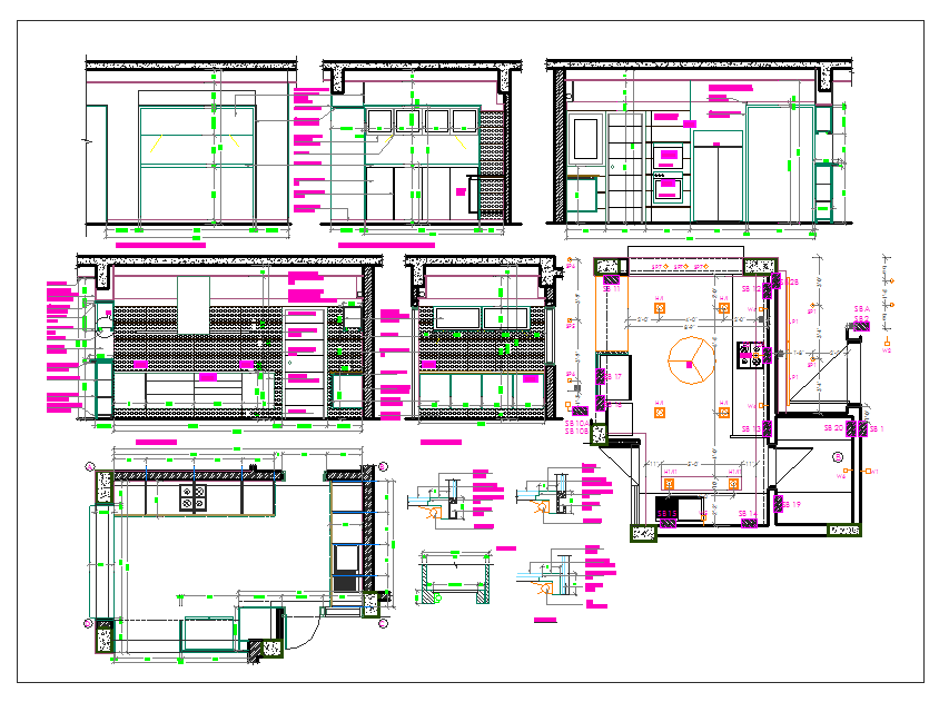 Kitchen plan view with elevation and dimension detail dwg 