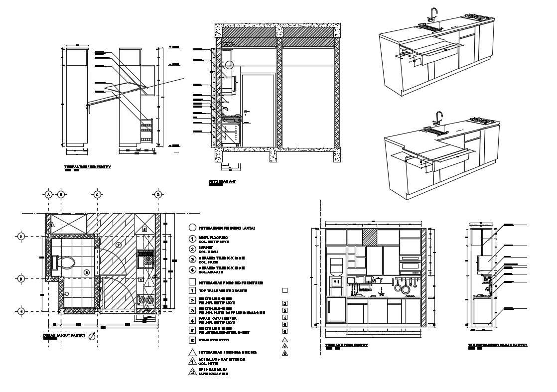 Kitchen Section And Plan With Isometric View And Furniture And Attach