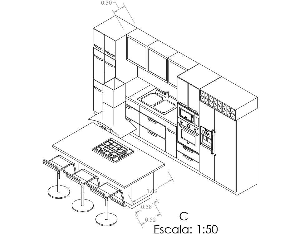 Kitchen Platform Model Isometric Elevation Drawing