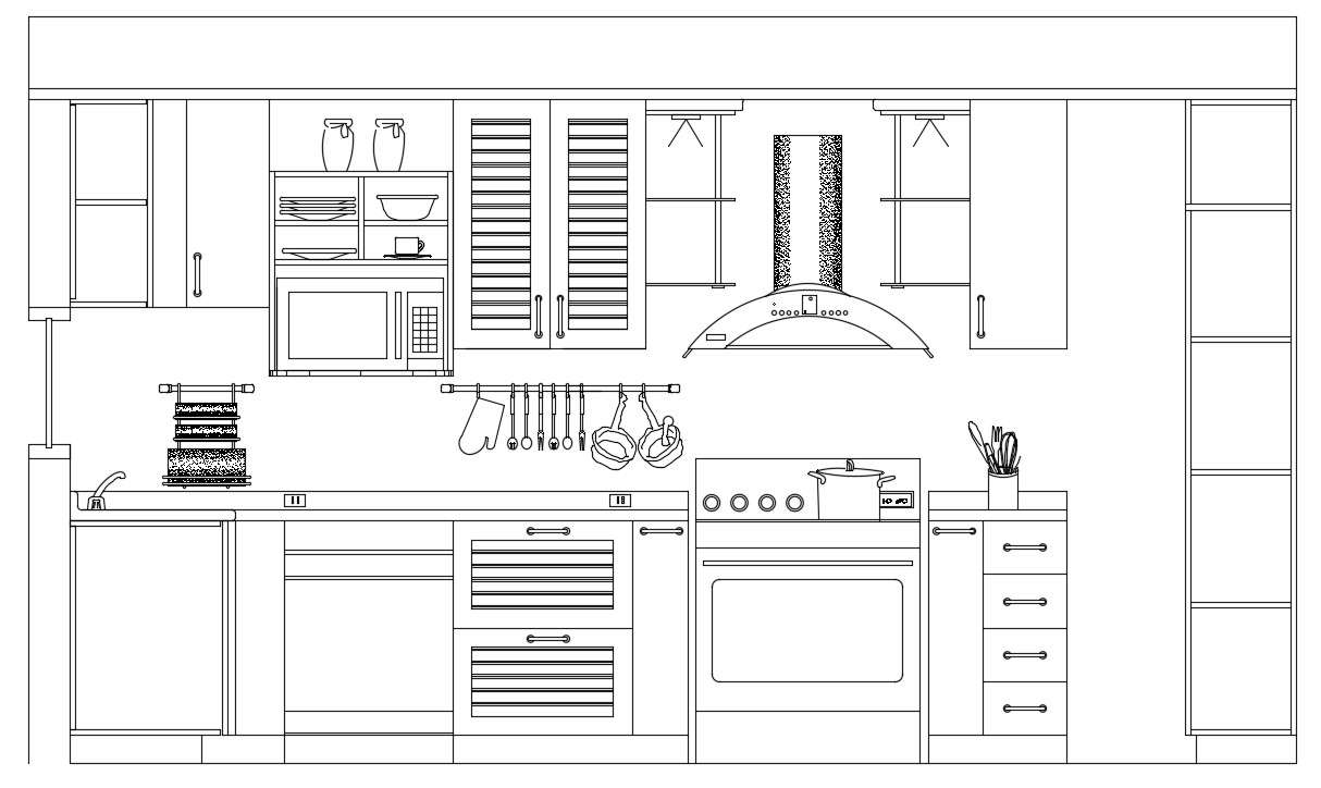 Kitchen elevation drawing defined in this AutoCAD file. Download this