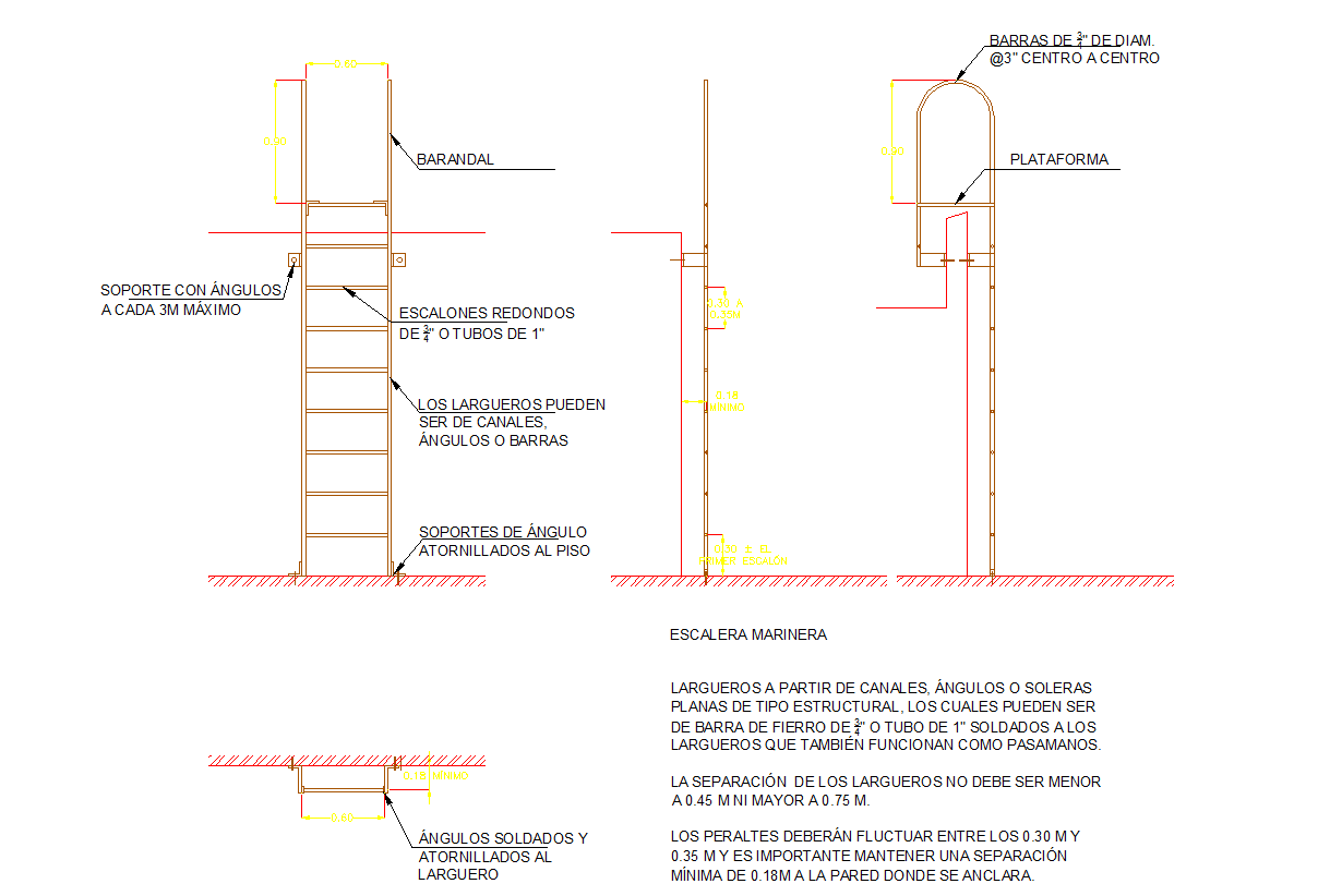Ladder elevations and sectional detail Cadbull