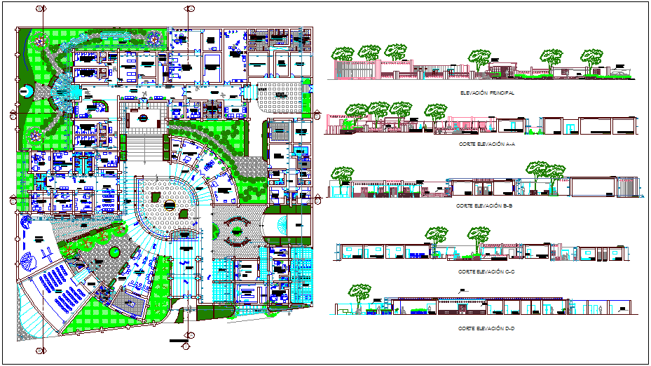 Landscape view with elevation and section view of clinic dwg file - Cadbull