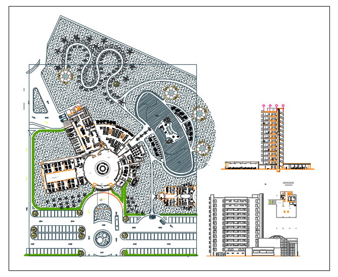 Layout plan and elevation of a multistory Hotel dwg file - Cadbull