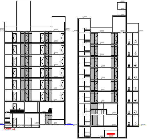 Left and right side sectional view of office building dwg file - Cadbull