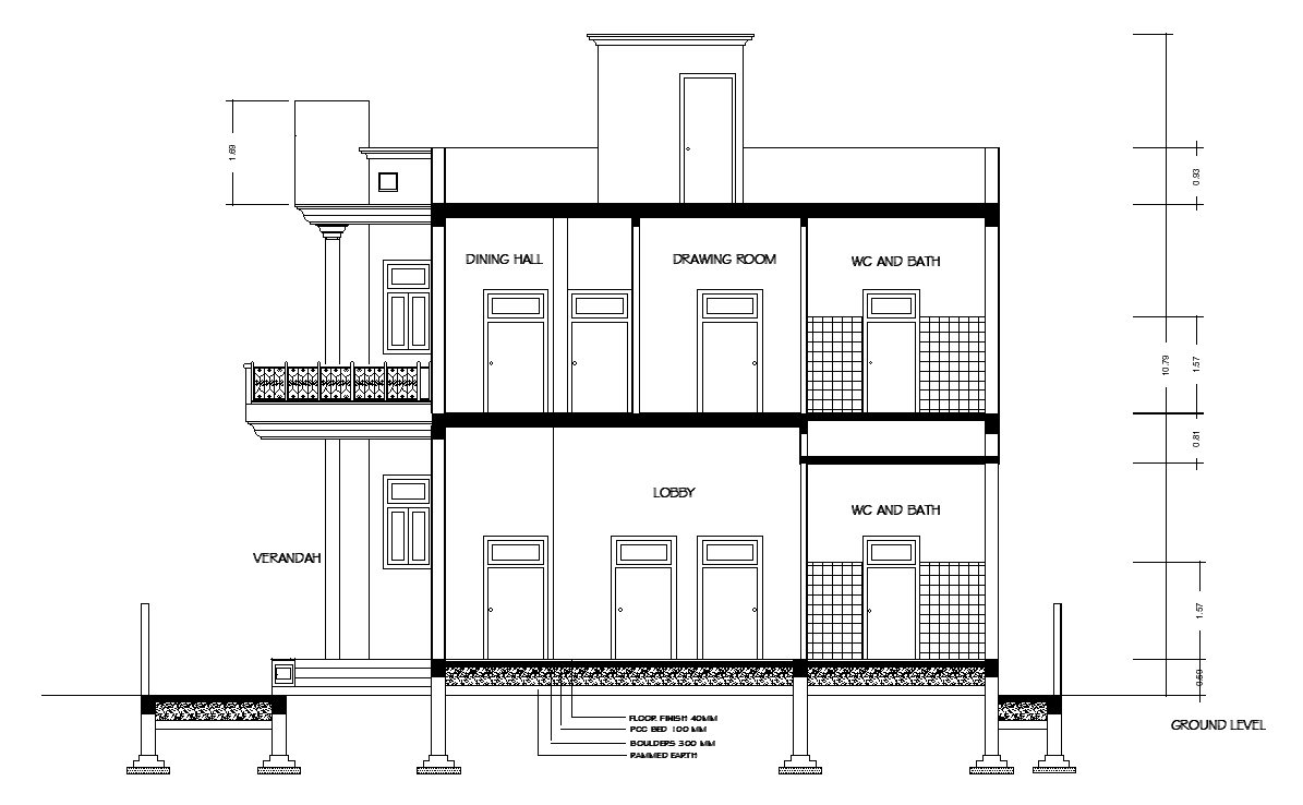 Left Side Section View Of 12x8m Villa Building Is Given In This Autocad 