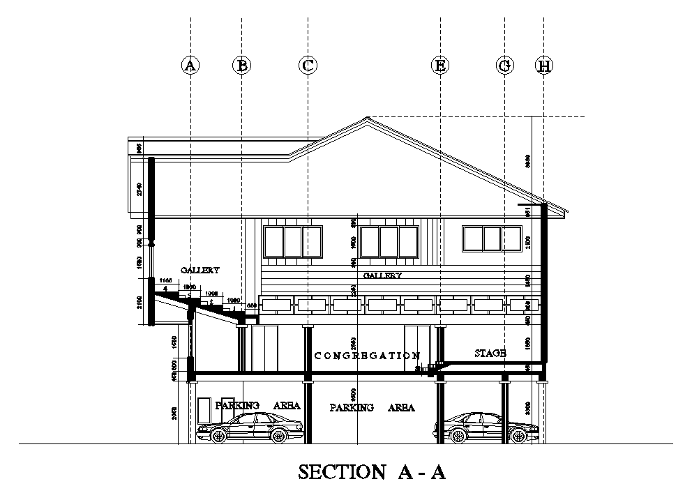 Left side section view of 32x16m ground floor church plan