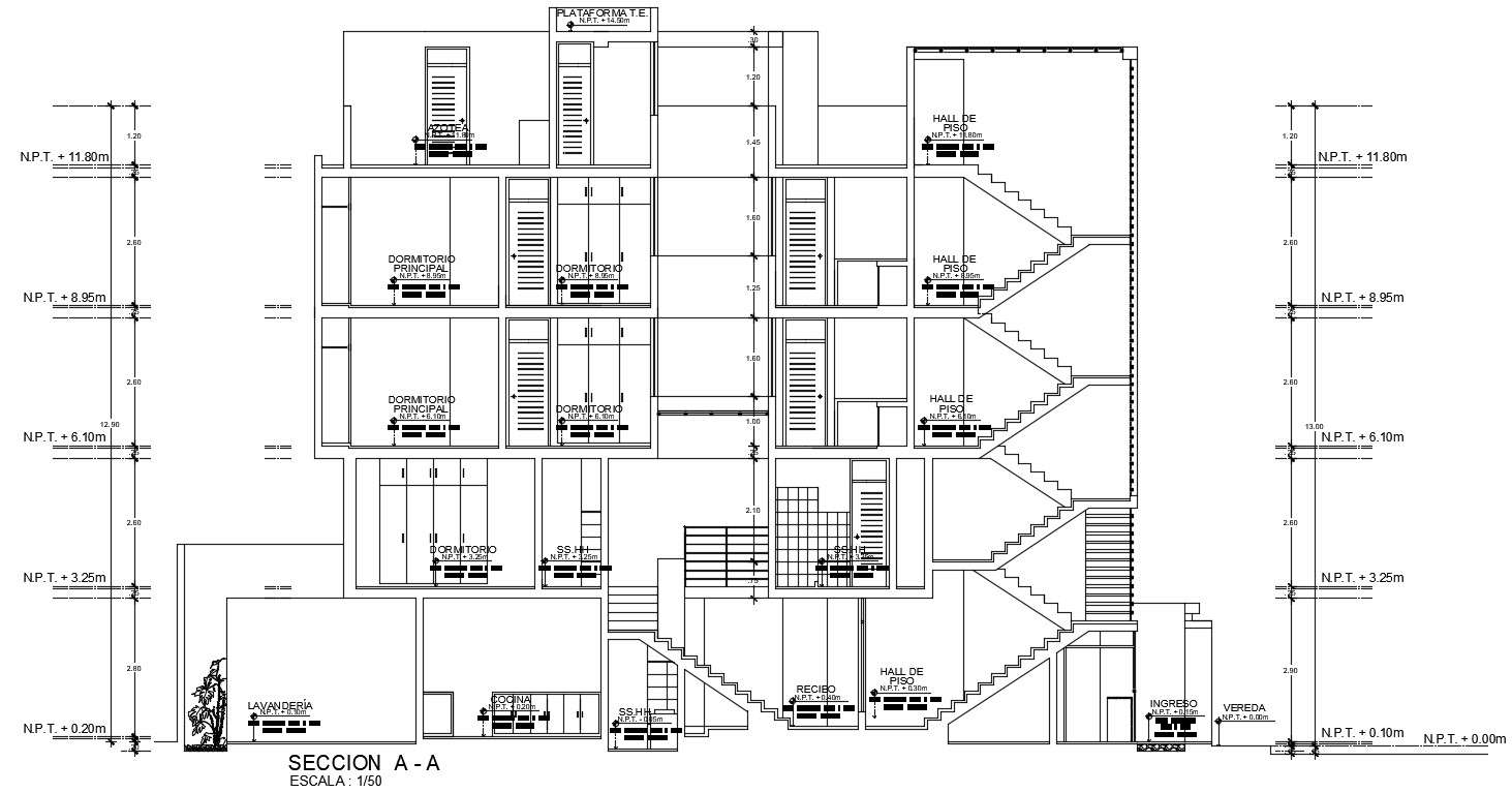 Left side section view of 8x21m house building is given in this 2D ...