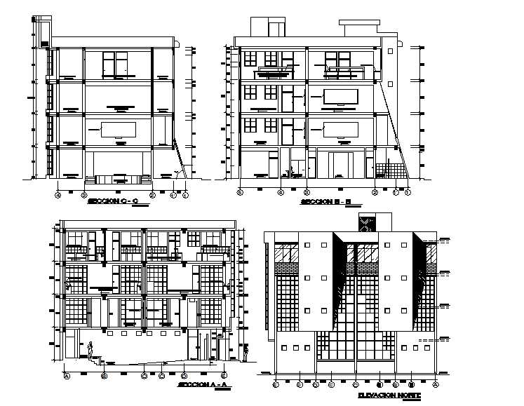 Library elevation and section plan detail dwg file - Cadbull