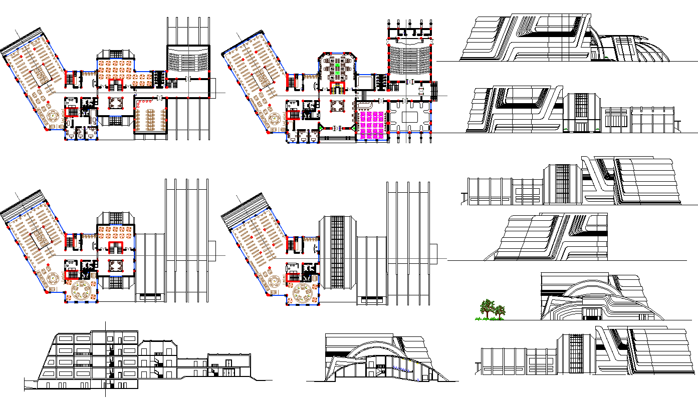 Library layout plan and Elevation design dwg file Cadbull