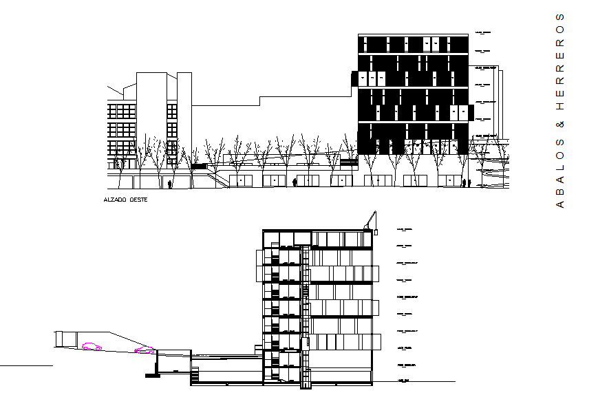 Library section and elevation detail drawing. - Cadbull