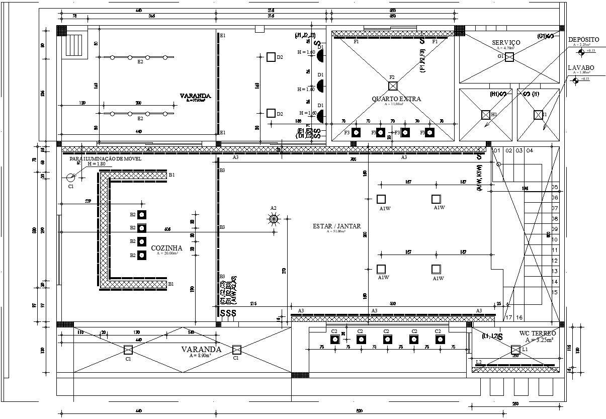 Lighting diagram of house plan - Cadbull