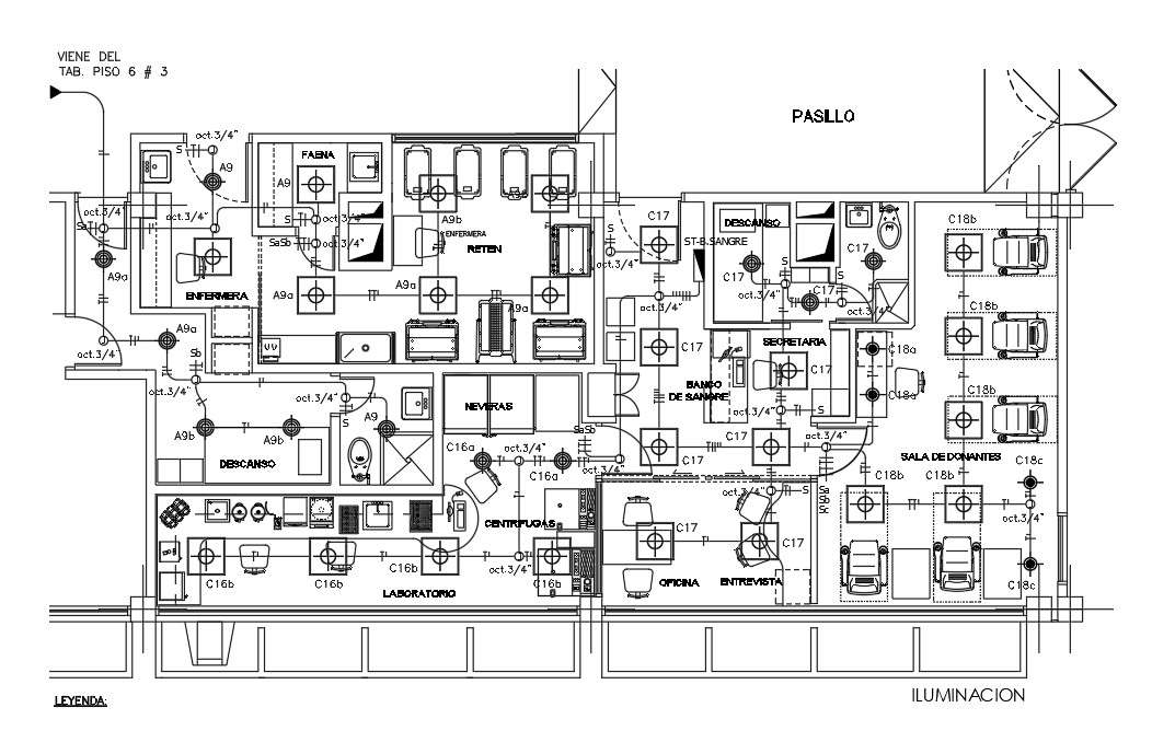 Lighting layout of 15x7m hospital blood bank plan is given in this