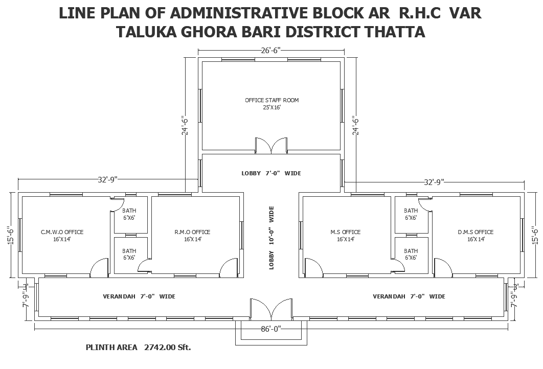 Line plan of administrative block of rural health clinic on plinth area ...