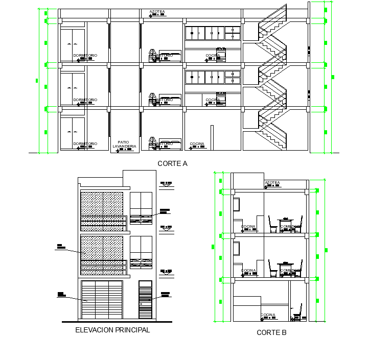 Living place section and elevation plan dwg file - Cadbull