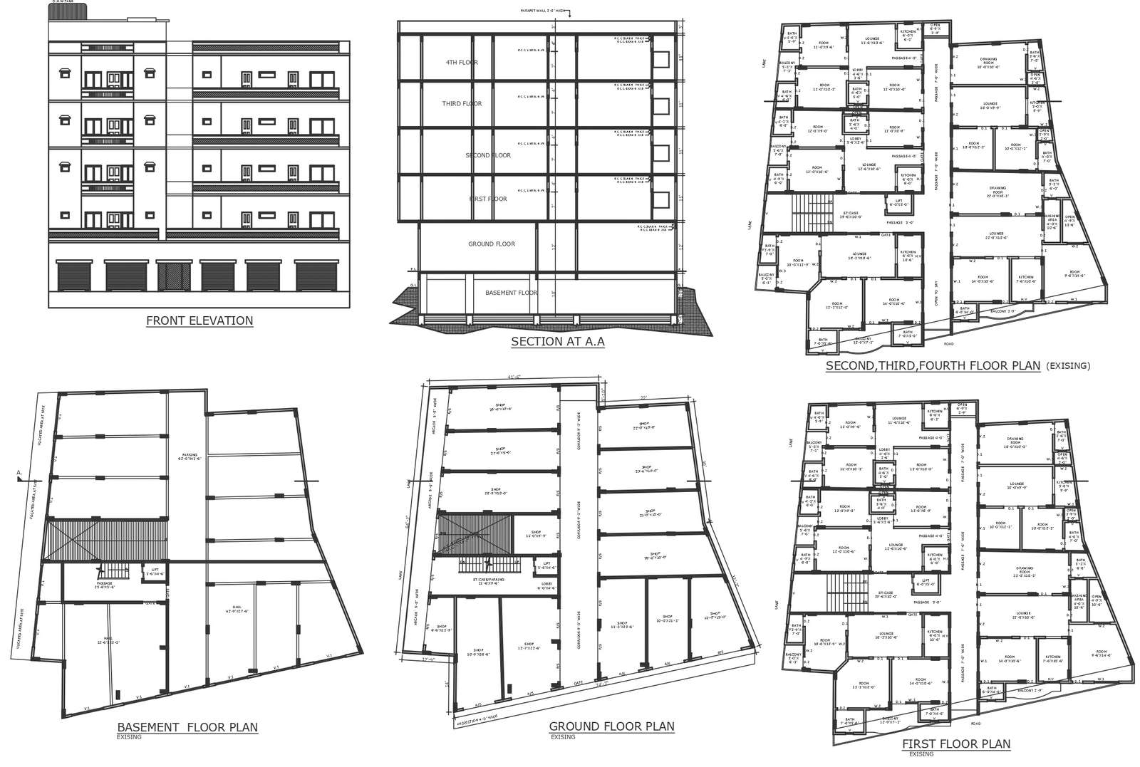 Low rise apartment design with 9 ft wide corridor detailed plan section ...