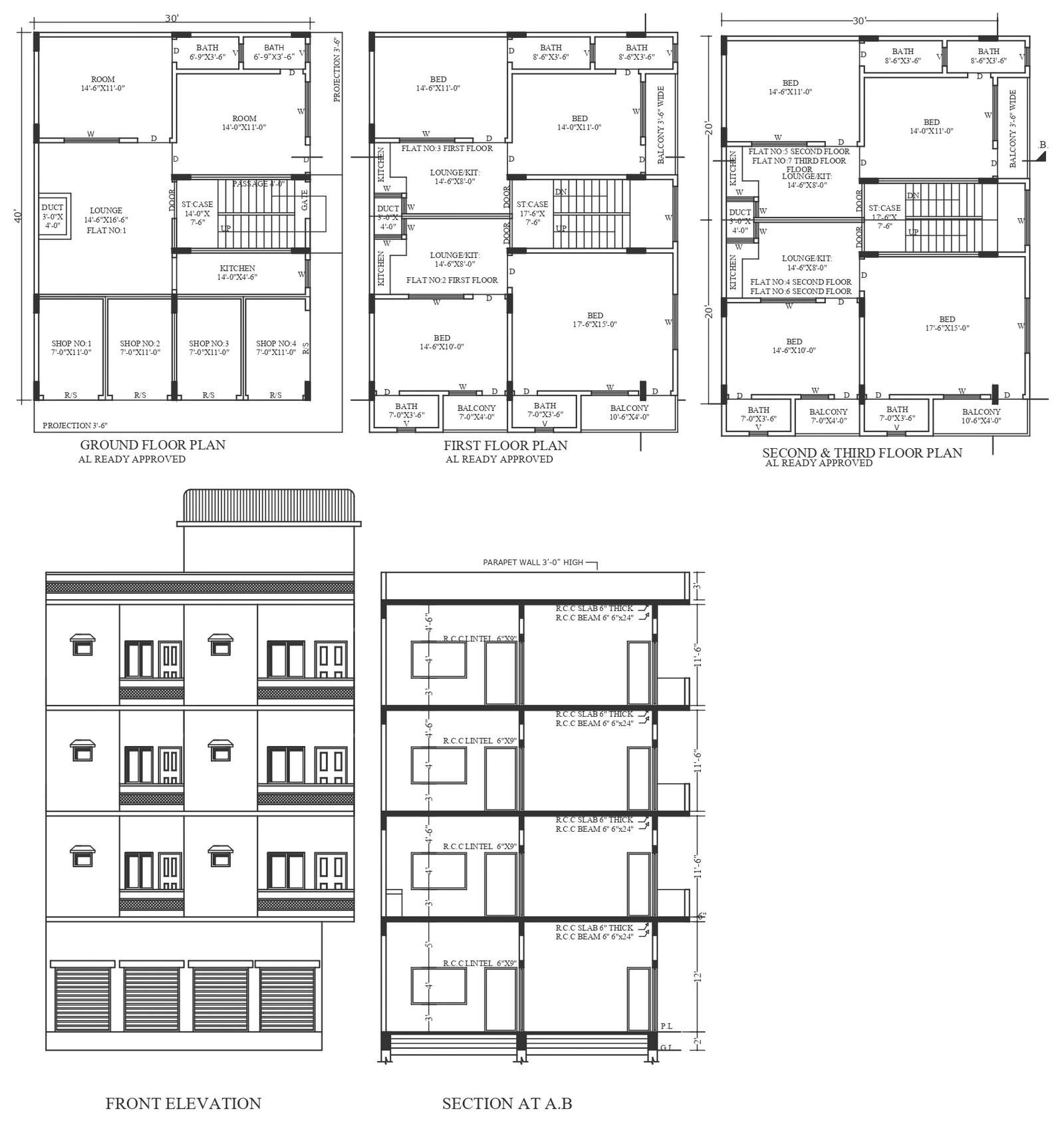 Low rise apartment design with shops detailed plan elevation and ...