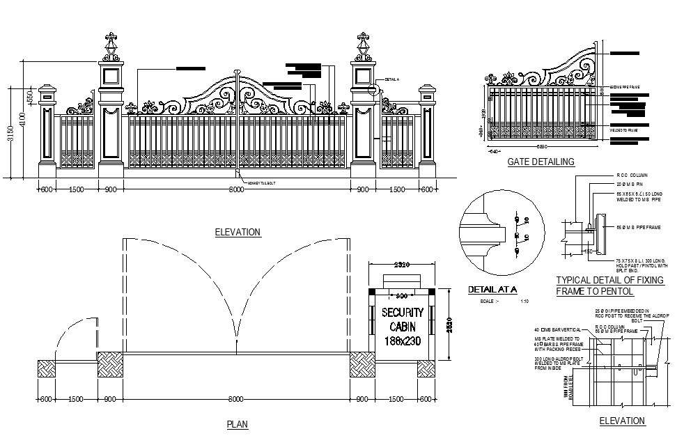 Main gate and fence elevation, plan and installation details dwg file ...