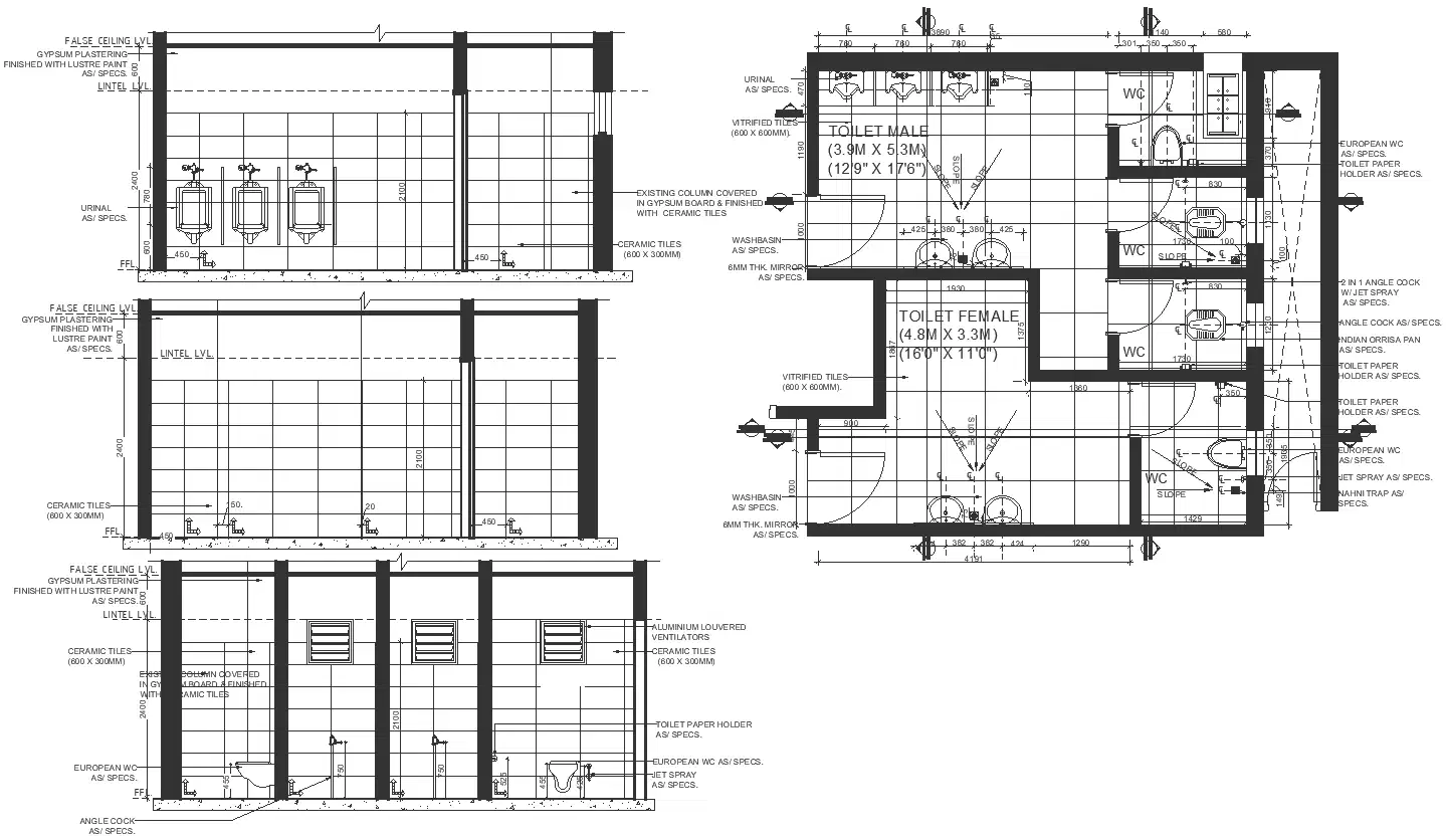 Male toilet plan design with elevation and section details dwg autocad ...