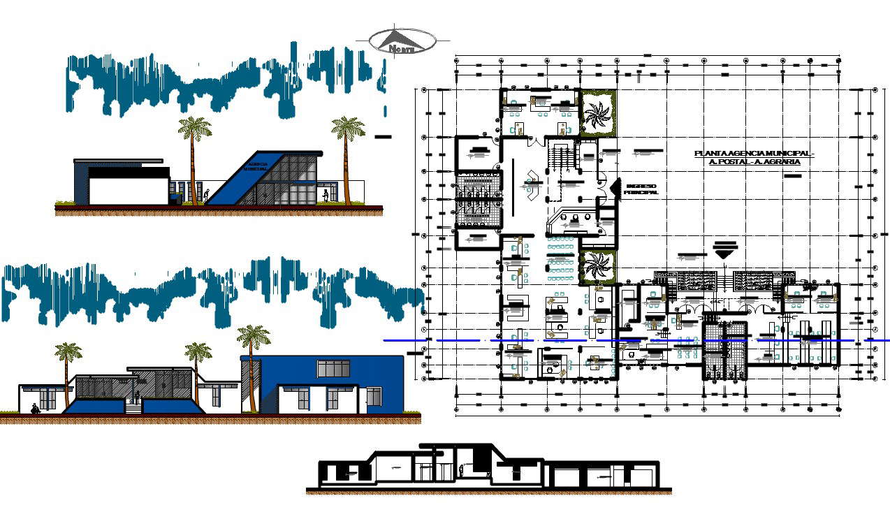 Management building plan and elevation dwg file - Cadbull