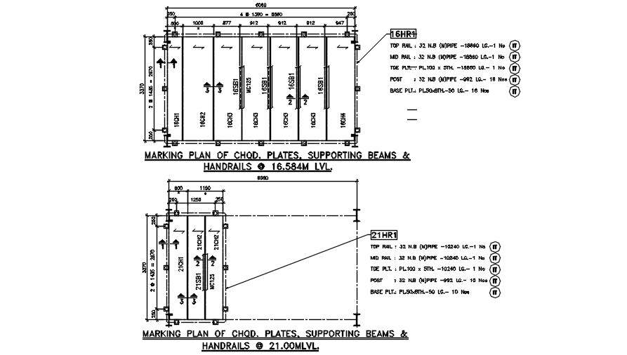 Marking details of supporting beam is given in this 2D Autocad DWG ...