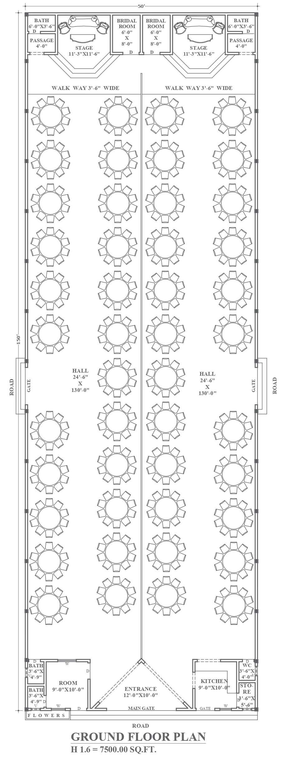 Marriage hall design in size of 50ft X 150ft space with capacity of 250 ...