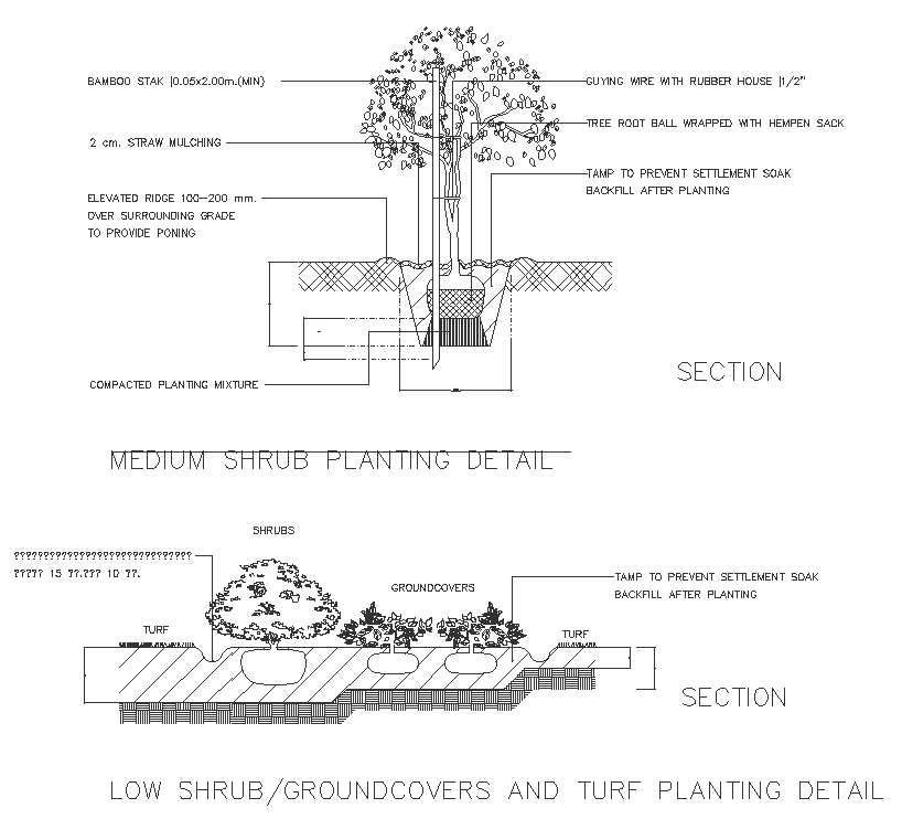 Medium and low shrub and groundcovers and turf planting detail DWG ...