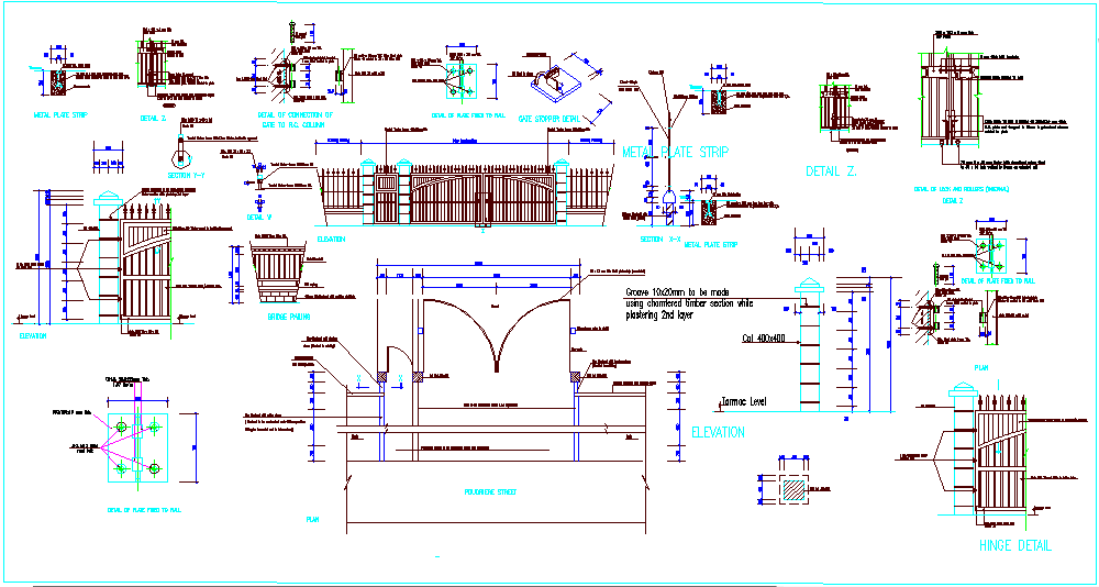 Metal Gate Design View With Concrete Column And Detail View Dwg File