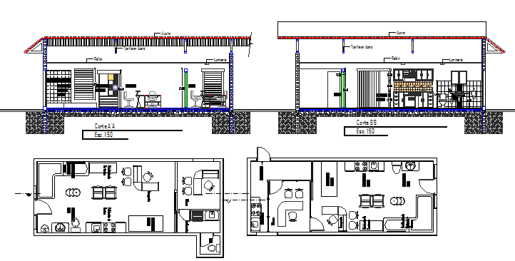 Mini shop sectional and layout plan details dwg file Cadbull