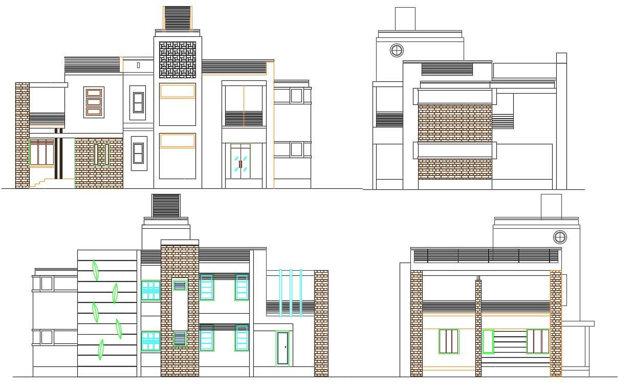Modern House building Four Side Elevation DWG CAD File - Cadbull