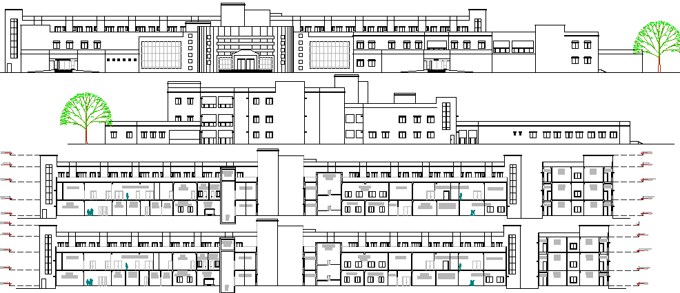 MultiSpecialty Hospital Elevation and Section Plan dwg