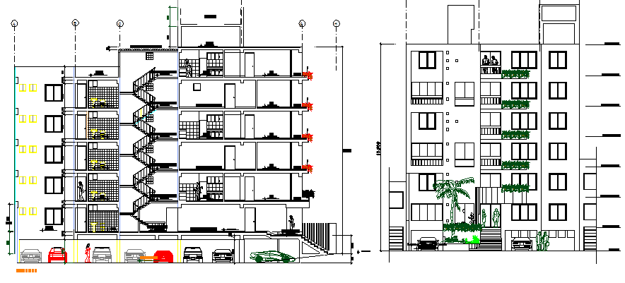 Multi-flooring residential apartment building elevation and section ...